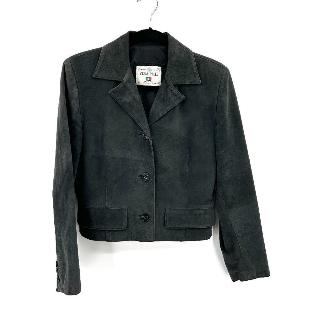 VERA PELLE Gray Women's Faux Leather Suede Cropped Boxy Jacket Size 42 Small